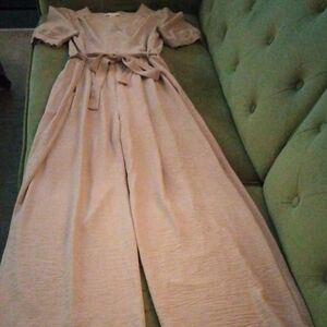 Monteau Taupe Wide-Leg Jumpsuit with Tie Waist